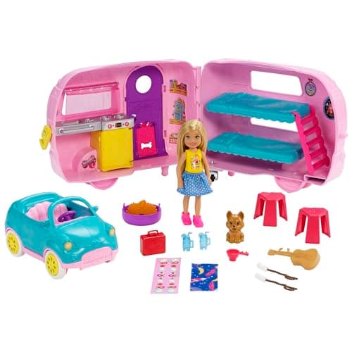 Image of Barbie Club Chelsea Camper Playset with Chelsea Doll, Puppy, Car, Camper, Firepit, Guitar and 10 Accessories, Toy for 3 to 7 Year Olds