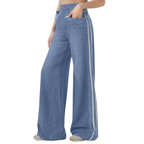 Image of Pull on Wide Leg Jeans Straight Trousers for Women, Side Stripe Stretch Denim Fit Casual Stretchy Baggy Loose Pants, Trendy Tummy Control Straight Leg Jeans with Pockets