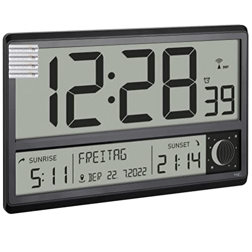 Image of TFA Dostmann Digital XL Radio-Controlled Wall Clock 60.4524.01 with Sunrise and Sunset Alarm Large Numbers Moon Phases Silent Black with Batteries