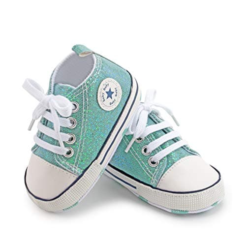 Image of BAIELey walk in the clouds Baby Boys Girls Infant Canvas Sneakers High Top Lace up Bling Sequins Soft Sole Newborn First Walkers Shoe (Green 6-12_Months)