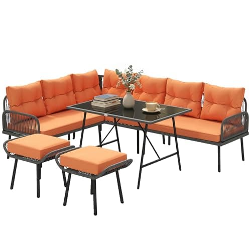 Image of Outsunny 6 Piece Rattan Garden Furniture Set, 8 Seater Garden Corner Sofa with Cushions and Glass Top Table, Sectional Outdoor Furniture Conservatory Set for Patio, Orange
