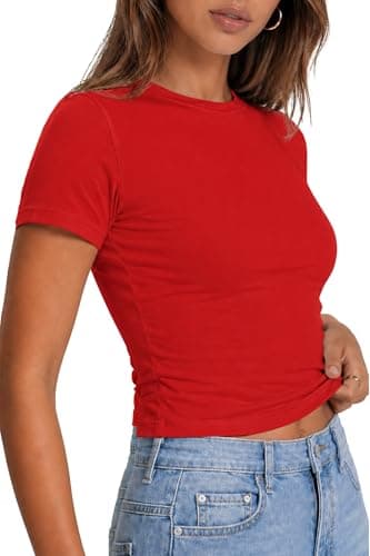 Image of Re Tech UK - Crop Tops for Women - Fitted Short Sleeve Round Neck Plain Cropped Top - Ladies T-Shirt - Tops for Women UK - Perfect for Casual Everyday Wear - Y2K (Red, M/L)