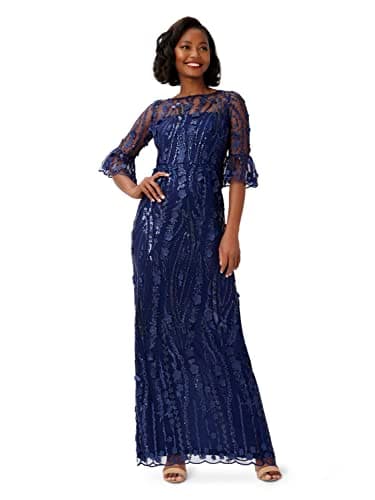 Image of Adrianna Papell Women's Long 3D Floral Sequin Gown, Light Navy, 12