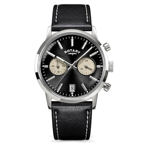 Image of Rotary Men's 1895 Stainless Steel Chronograph Black Leather Strap Watch