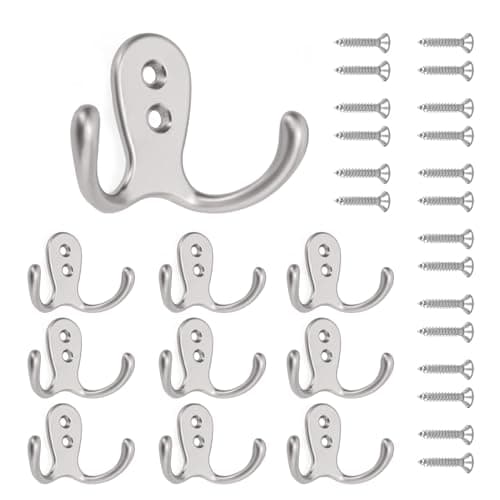 Image of chongning 10 PCS Double Prong Coat Hooks - Chrome Wall Mounted Hooks with 20 Screws | Vintage Metal Robe Hooks for Bathroom, Bedroom, Kitchen (Silver, Heavy-Duty)