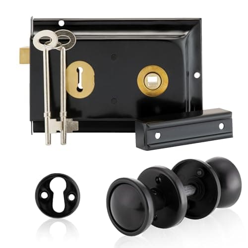 Image of XFORT Rim Knob Set Black, Complete with A Rim Lock, Plastic Door Knob and Escutcheons, Designed for Wooden Barn, Gate and Shed Doors