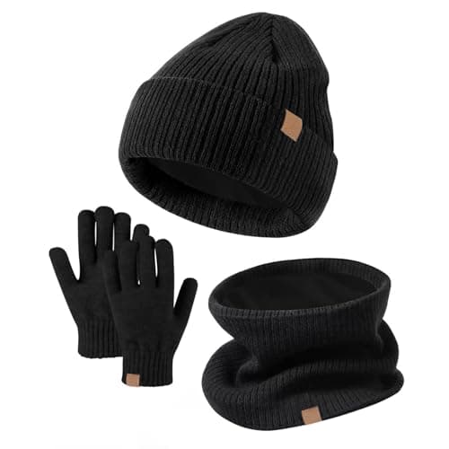 Image of MUNSKT 3 PCS Kids Winter Hat Scarf Gloves Set Warm Thermal Knitted Beanie Cap Snood Neck Warmer Touchscreen Mitten Soft Fleece Lining Elastic for Children Aged 5-12 Outdoor Sports (Black)