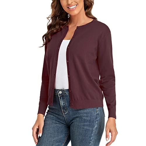 Image of CUNYI Women’s Cardigan Long Sleeve Sweater Lightweight Classic Crew Neck Ladies Coat with Buttons Casual Open Front Elegant Outerwear, Wine L
