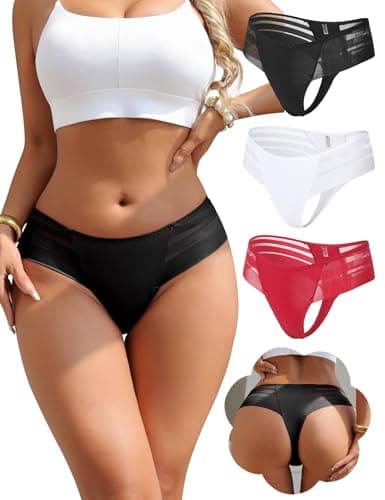 Image of ohmydear Womens Brazilian Knickers High Leg Thongs with Striped Mesh, V-Shape High Cut Sexy Panties, Breathable Soft Cotton Gusset, Multipack UK Size 10-18