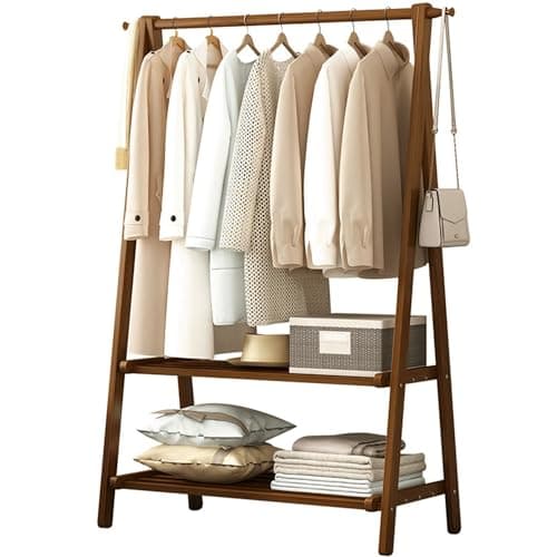 Image of ZFFDPQQ Foldable Wooden Clothes Rail, Pine Garment Rack with 2-Tier Storage Shelves Side Hooks, Free Standing Clothing Rack for Bedroom Hallway Entryway, 66/86/116x40x160cm