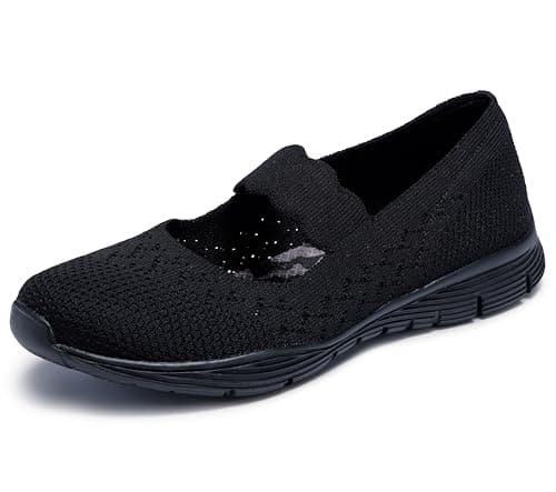Image of Skechers Women's Seager Power Hitter Mary Janes, Black Flat Knit, 6 UK