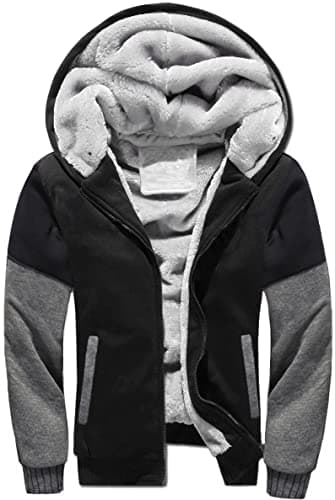 Image of VSUSN Men's Hoodie, Hooded Sweatshirt, Fleece Pullover with Full Zip, Thermal Sherpa Lined Track Jackets, Winter Warm Thick Coats Outwear(Black&dark grey,3XL)