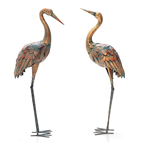 Image of COSTWAY Set of 2 Metal Garden Ornaments, Standing Flamingo/Crane Sculpture Statue Set, Indoor Outdoor Bird Art Decoration for Backyard Patio Lawn Gifts (Crane)