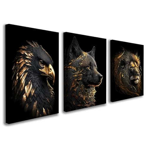 Image of Set of 3 Framed Canvas Wall Art 12x16 Inch Wolf Lion Eagle Black and Gold Animal Artwork Modern Wall Canvas Pictures for Living Room Bedroom Gaming Room Office Decoration with Hooks and Magic Tape