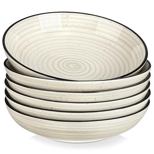 Image of vancasso Bonbon Large Pasta Bowls Set of 6, 50 oz Ceramic Salad Bowls, Microwave & Dishwasher Safe Soup Bowls, Serving Bowls for Kitchen and Dinner, Beige