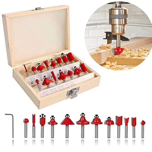 Image of 15pcs Router Bit Set 1/4 Inch 6.35mm Shank Tungsten Carbide Tipped Router Bit Set with Wooden Box Double Flute Wood Milling Saw Cutter Woodworking Router Bits Set for Handwork and DIY