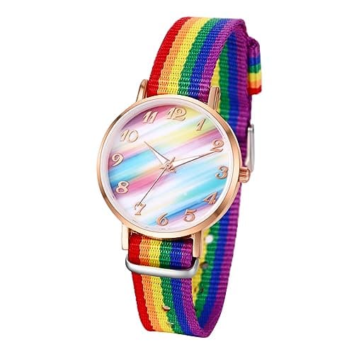 Image of JewelryWe Rainbow Watch with Nylon Strap, Watch for Women, Students and Children, Analog Quartz Round Watch, Rainbow Dial, Scale with Arabic Numerals, multicoloured, strip