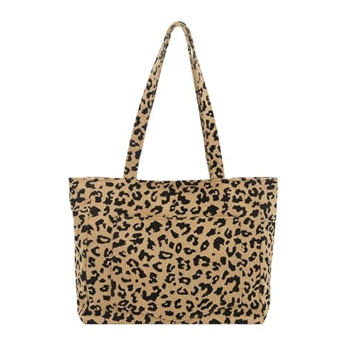 Image of NANYUAYA Leopard Print Gifts Corduroy Tote Bag With Zip Shoulder Bags Women Large Handbag Foldable Tote Bags for School Work Shopping Travel