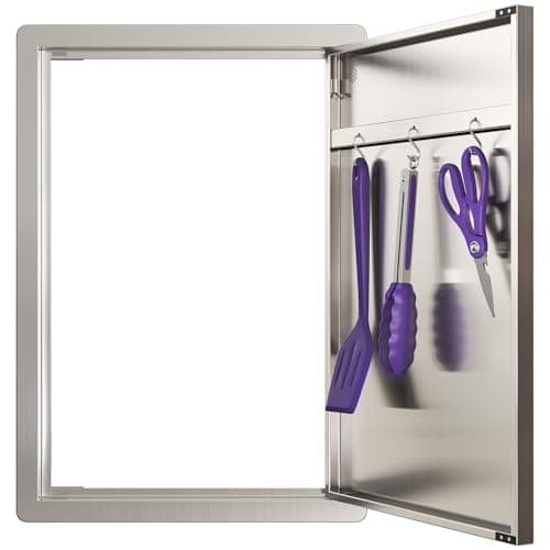 Image of Sersper Outdoor Kitchen Door, 17" W x 24" H Stainless Steel Single Access Door with Venting Holes, Recessed Installation, 1 Ergonomic Handles, 3 Hooks, Ideal for Outdoor Kitchens and BBQ Islands