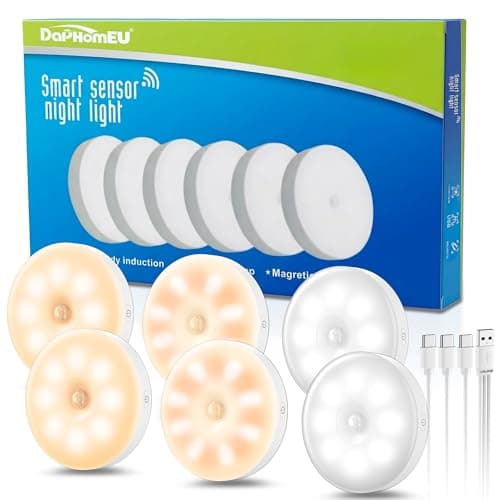 Image of daphomeu 6 Pcs Motion Sensor Lights Indoor USB Rechargeable, Wireless Under Cabinet Kitchen Lights, 3 Modes LED Night Light for Hallway, Stairs, Wardrobe, Kitchen, Counter