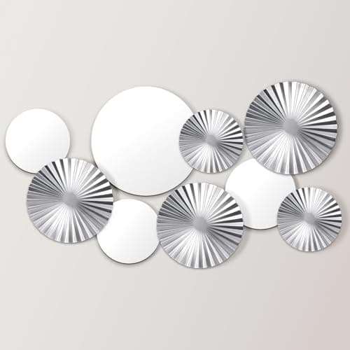 Image of Hicarer 9 Pcs Silver Wall Decor Metal Home Decor Metal Wall Decorative Circle Plates Mirror Modern Round Accent Wall Art Sculpture Decor Hanging Decorations for Living Room Office Bedroom Kitchen