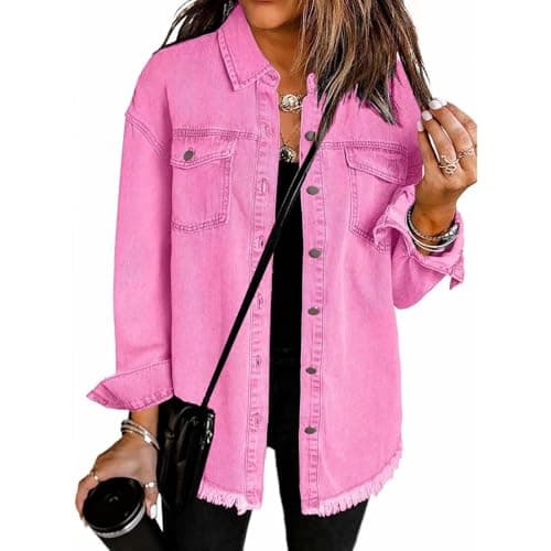 Image of YGERGWE Pink Denim Jacket Women, Oversized Lightweight Jean Jacket Casual Button-Down Shacket, Ladies Long Sleeve Jean Shirt Top for Spring Autumn