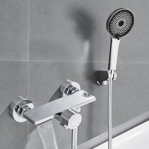 Image of Auralum Wall Mounted Bath Shower Mixer Tap with 5-Function Handheld Shower Head - Waterfall Bath Mixer Tap with Shower Attachment, Brass Shower Mixer Bar with Storage Shelf（Chrome）