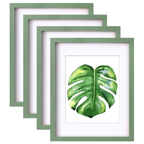 Image of EGOFINE 14x11 Picture Frame,100% Solid Wood Frames with 10x8 Mat,14x11 Photo Frames with Acrylic Glass,35.6x27.9cm Poster Frame for Tabletop and Wall Mounting,Green,4 Pack