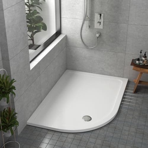 Image of Bathroom 1000 x 800mm Shower Tray Gloss White Slimline 30mm Stone Resin Left Handed Offset Base with Free Waste Trap Kit