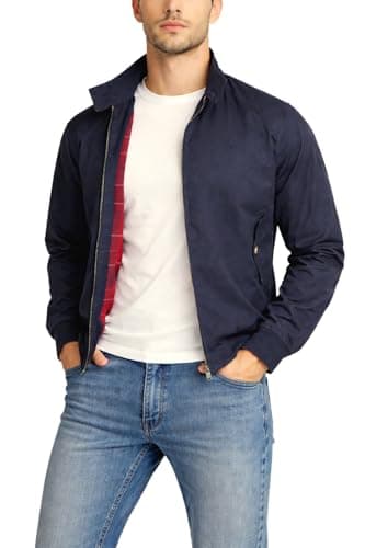 Image of Xact Men's Soft Cotton Harrington Bomber Jacket - Classic Mod Retro Style, Tartan Check Lining, Regular Fit, Lightweight Spring Autumn & Fall Car Coat (Navy) L