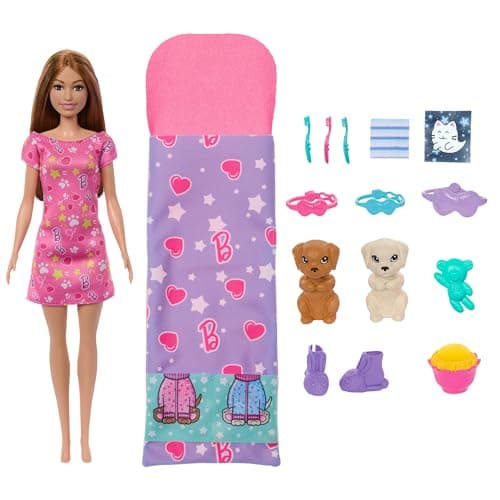 Image of Barbie Doll & Playset with 2 Toy Dog Figures & 10+ Accessories, Puppy Slumber Party with Color-Change Feature, Sleeping Bag, Eye Masks & More, HXN01