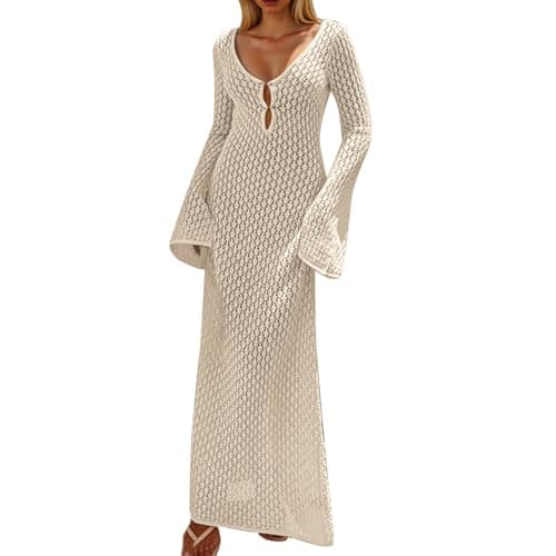 Image of Generisch Women Crochet Pull On Maxi Dress Beach Swimming Holiday Long Sleeve Sexy Bodycon Summer Knit Dress, beige, S