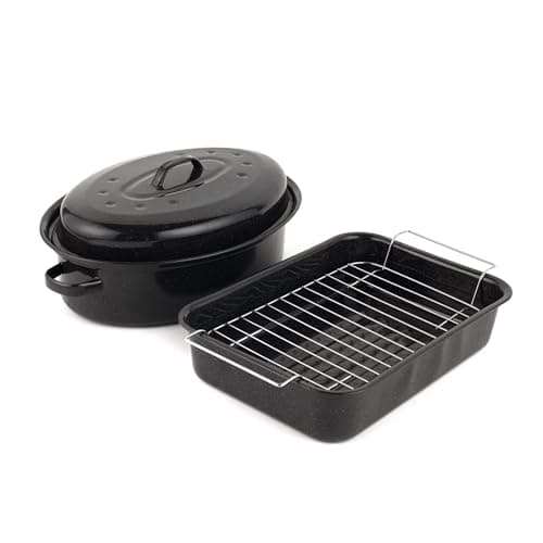 Image of Russell Hobbs COMBO-1922 Vitreous Enamel 34cm Roaster and 36 cm Roasting Pot with Lid -Durable Steel Ovenware, Rectangular Roasting Pan with Stainless Steel Rack, Dishwasher Safe, Black