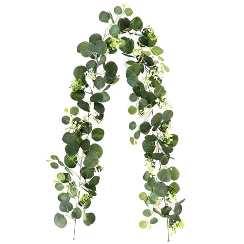 Image of 1.8M Eucalyptus Garland, Artificial Garlands for Home Decoration, Realistic Green Fake Vines Foliage, Durable Hanging Ivy Leaf Garlands, for Wedding Party Decoration Arch Home Mantle Decor