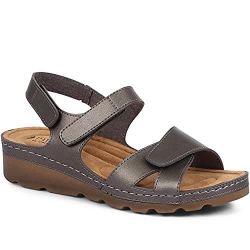 Image of Pavers Women's Sandals in Pewter with Adjustable Soft Straps - Memory Foam Suede Footbed - Comfortable Fit Lightweight Footwear - Size UK 6 / EU 39