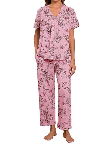 Image of Famulily Womens Pyjama Sets V Neck Loungewear Floral Print Outfits Nightwear Sleepwear Leisure Suits Homewear with Pockets Pink XL
