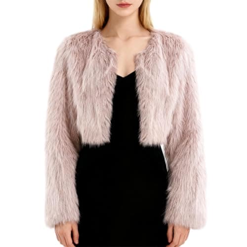 Image of Amazhiyu Womens Faux Fur Coat, Winter Long Sleeve Jacket Crew Neck Open Front Outwear Plush Warm Cardigan Pink Large