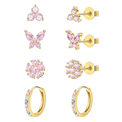 Image of jagosen Gold Stud Hoop Earrings Set For Women Girls 4 Pairs 9ct Gold Plated Hypoallergenic Cartilage Studs Earrings Pink Cubic Zirconia Gold Hoop Earrings For Multiple Piercings Jewellery