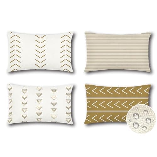 Image of JOTOM Set of 4 Outdoor Cushion Covers 30x50 cm Waterproof Decorative Throw Pillow Covers 12x20 Inch Modern Geometric Sofa Indoor Bed Decor Cushion Cases for Patio Garden Porch Bench (Khaki)