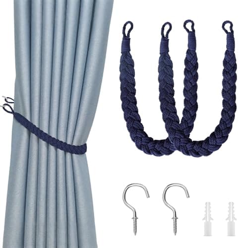 Image of 2 Pack Rope Curtain Tie Backs, Hand-Woven Natural Cotton & Boho Style Decorative Curtain Tiebacks with Metal Hooks, Soft Braided Curtain Ties for Home and Office Drapery