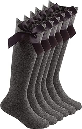Image of COSHAL® 3 Girls Knee High School Cotton Socks with Fluffy Ribbons Bow Back to School Sock's Uniform Party Comfort Fit Socks Stocking Girls Bow Knee High Kids School Sock Size (9-12) Grey KHB