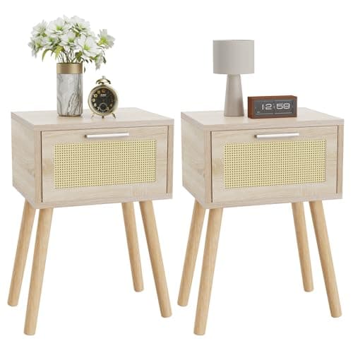Image of YMYNY Nightstand Set of 2, End Table, Small Bedside Table, Handmade Rattan Decorated Drawer, Solid Wood Legs, 35×27×53cm, Modern Side Table for Bedroom, Living Room, Natural HST010N-2