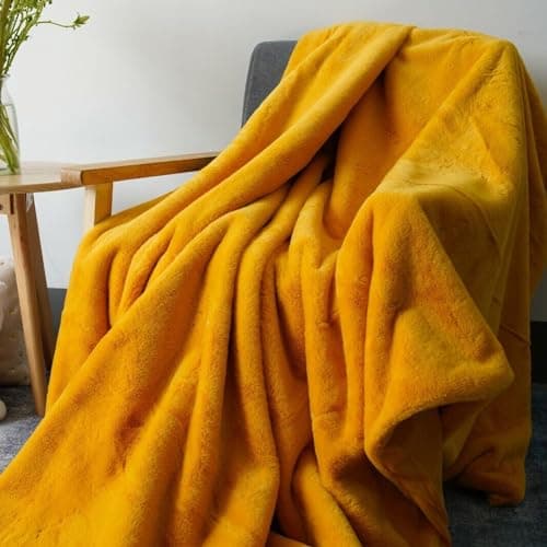 Image of YORKSHIRE HOMEWARE Faux Rabbit Fur Throws Flannel Fleece Super Soft Throw Warm Cozy Travel Throw Plush & Lightweight Reversable Blanket 150cm x 200cm (Sunshine)
