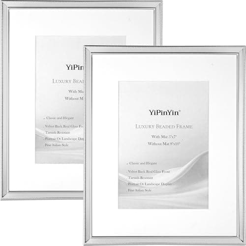Image of Luxury Silver Plated 8x10'' Picture Frame 2 Pack with Acid-Free Mat for 5x7'', 10x8'' Metal Beaded Frame with Real Glass & Velvet Backing,for Tabletop Display or Wall Hanging
