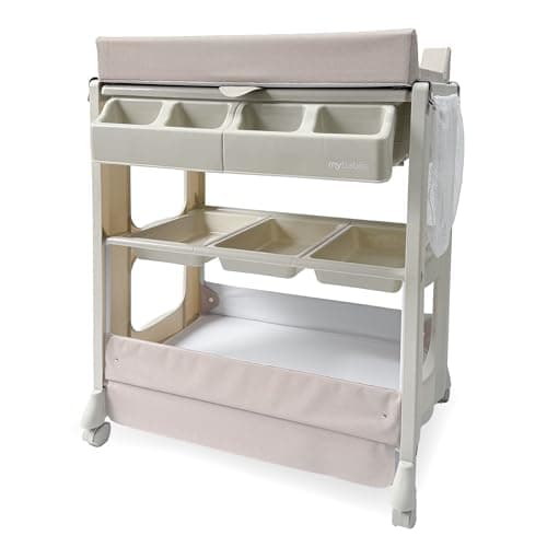 Image of My Babiie Baby Changing and Bath Unit - from Birth to 11kg, Nursery Changing Station with Mat for Newborn, Infant Table with Water Basin and Storage - Oatmeal Herringbone