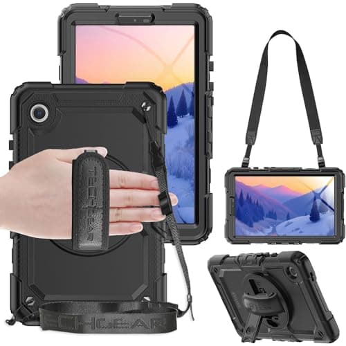 Image of TECHGEAR UTILITY Case fits Samsung Galaxy Tab A9 8.7" (SM-X110 / SM-X115) Tough Rugged HEAVY DUTY Armour Shockproof Impact Case with 360 Rotating Stand, Hand Strap and Shoulder Strap - Black