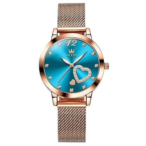 Image of OLEVS Watches for Women Big Face Rose Gold Stainless Steel Mesh Strap Women Watch Arabic Numerals Blue Dial Analog Quartz Women's Watch Luxury Heart Diamond Waterproof Ladies Watches