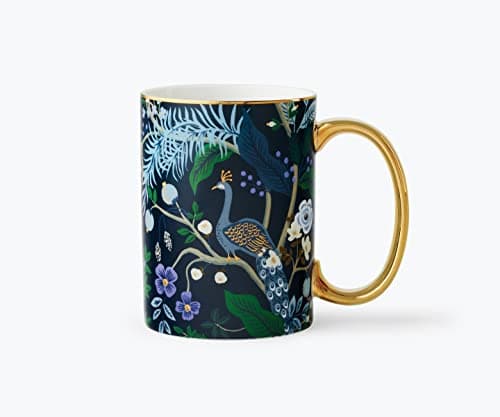 Image of RIFLE PAPER CO. Peacock Porcelain Mug - Porcelain 16 OZ Mug, Full-Color Illustration with Metallic Gold Accents, 4.5" L x 3.125" W, Deep Midnight Blue with Gilded Rim and Handle
