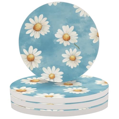Image of Mintoprints Daisy Floral Drink Coasters for Coffee Table, Cute Daisy Absorbent Ceramic Coaster Set of 2 for Kinds of Cups, Home Decor, 4 Inches