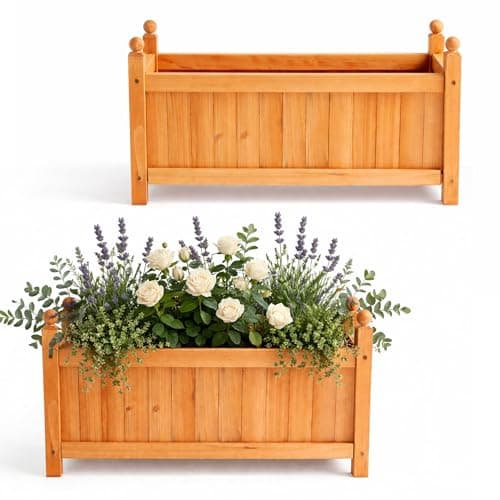 Image of GARDEN TIME Large Wooden Rectangular Planter Box – Outdoor Raised Garden Bed Planter Trough with Slatted Cover & Ball Top Finials – Fir Wood Plant Pot for Flowers, Herbs, Vegetables & Patio (2)